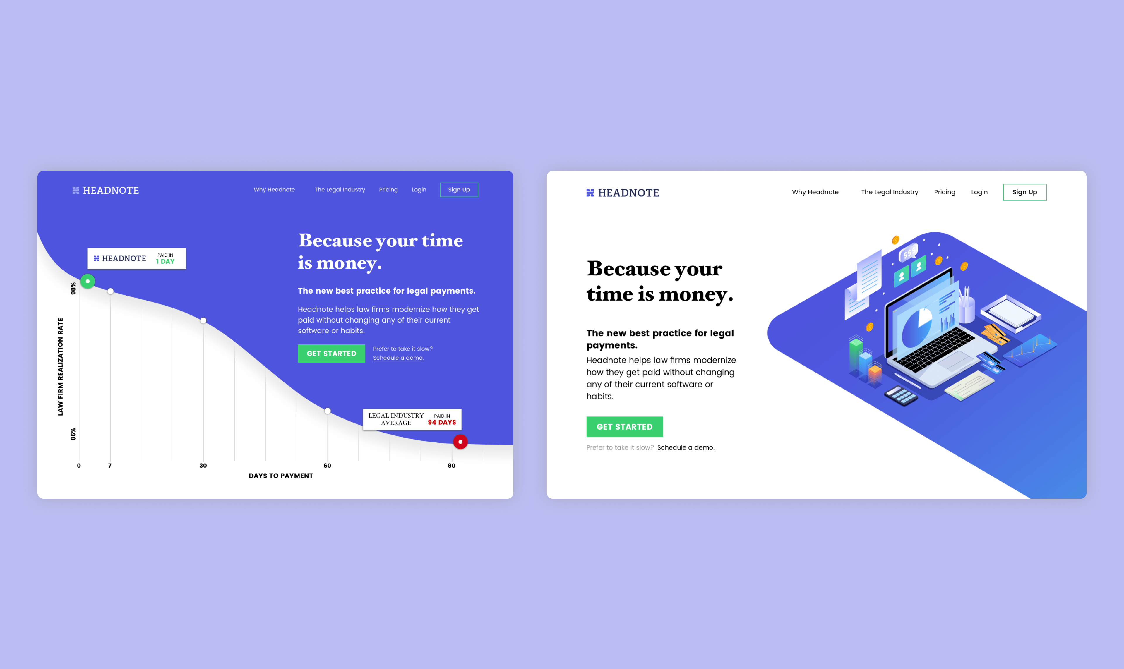 Landing page design for legal payments app, Headnote