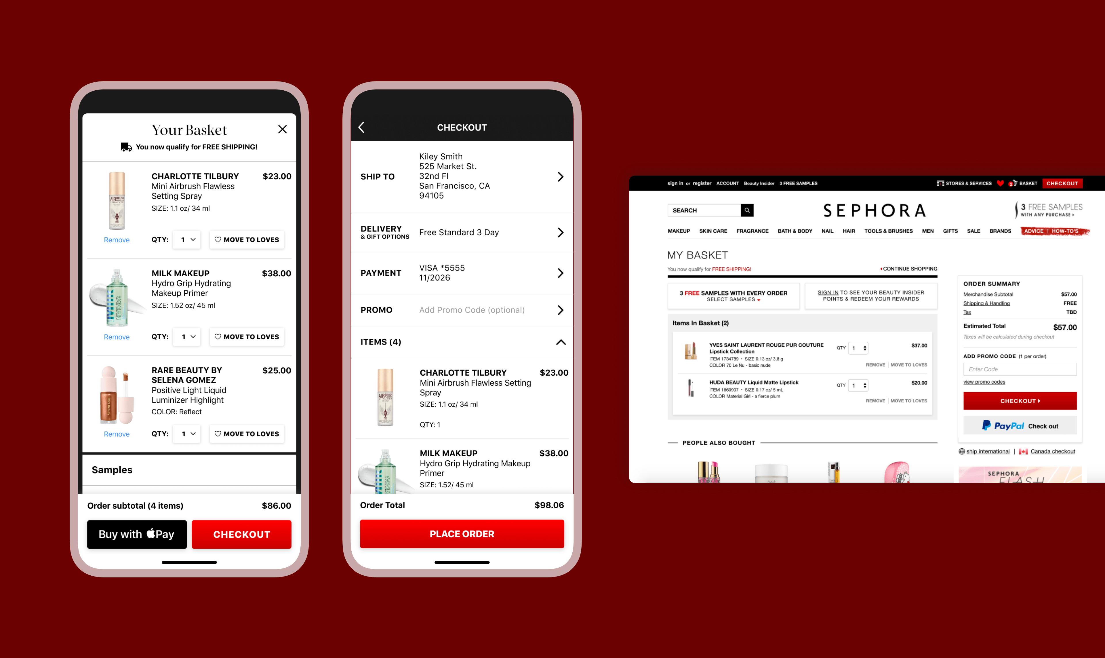Product design for new basket and checkout experience on mobile (iOS and Android) and web at Sephora